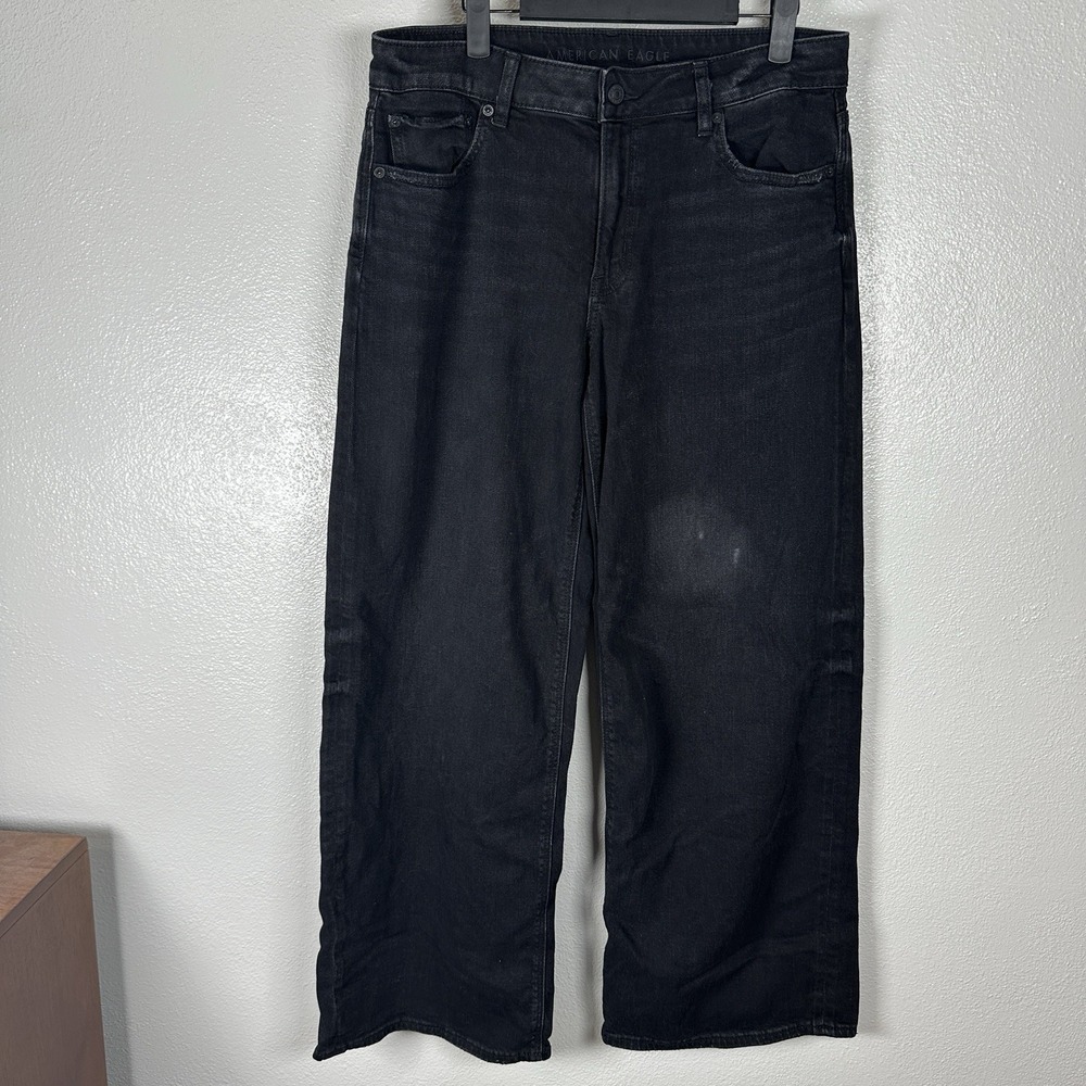 American Eagle Womens Size‎ 8 Low Rise Baggy Wide Leg Jeans Black Wash Stretch